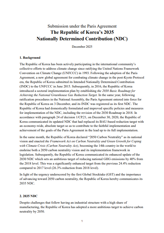 The Republic of Korea’s 2035 Nationally Determined Contribution (NDC) Submission under the Paris Agreement