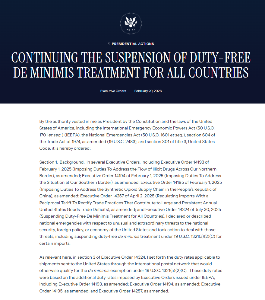 CONTINUING THE SUSPENSION OF DUTY-FREE DE MINIMIS TREATMENT FOR ALL COUNTRIES