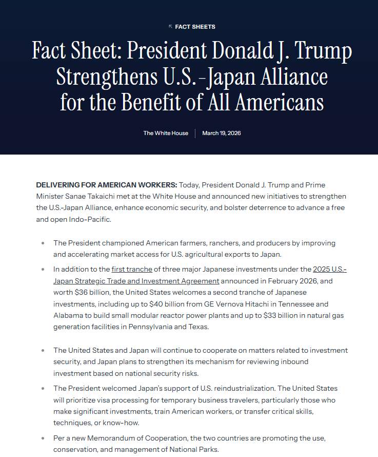Fact Sheet: President Donald J. Trump Strengthens U.S.-Japan Alliance for the Benefit of All Americans