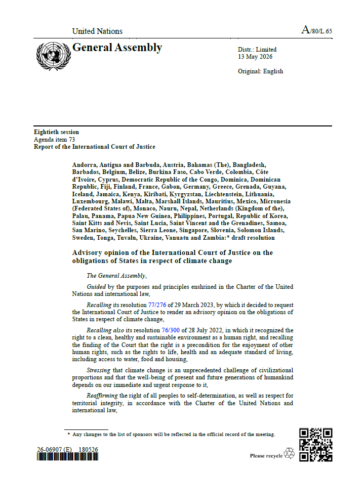 Request for an advisory opinion of the International Court of Justice on the obligations of States in respect of climate change : draft resolution