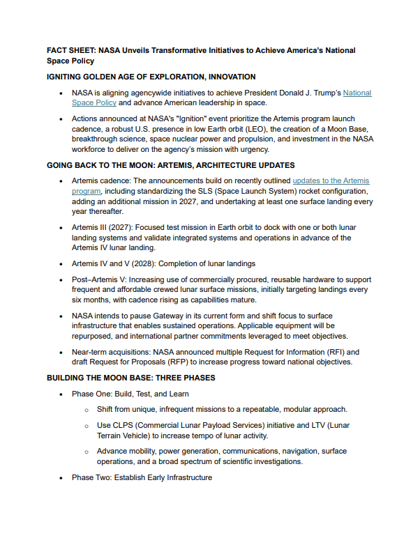 FACT SHEET: NASA Unveils Transformative Initiatives to Achieve America’s National Space Policy