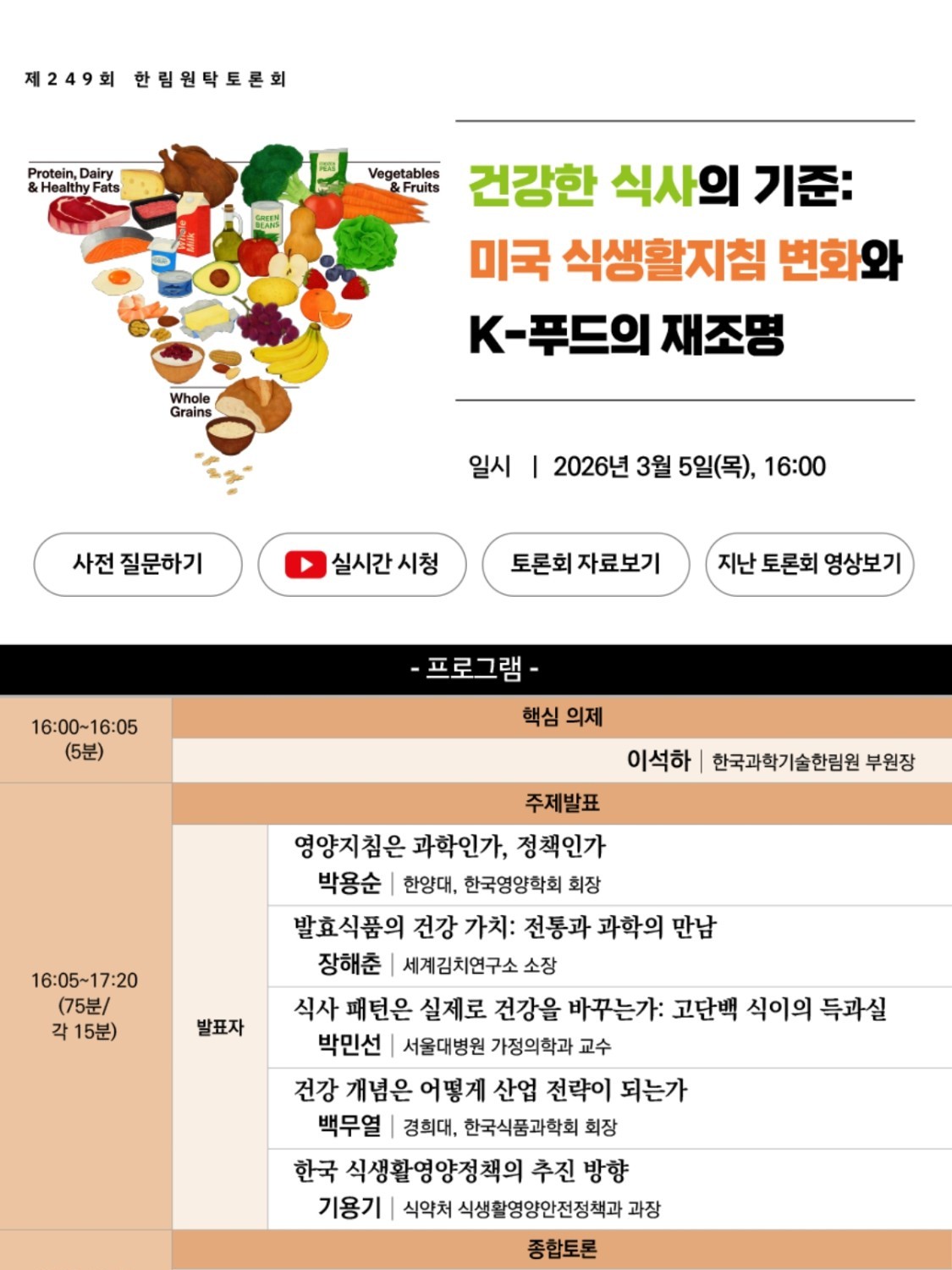 [제249회 한림원탁토론회] 건강한 식사의 기준 : 미국 식생활지침 변화와 K-푸드의 재조명